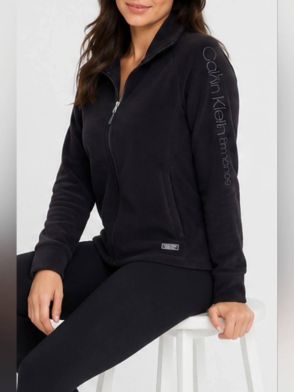 Calvin Klein Performance Active Black Full-Zip Tech Fleece Jacket Sleeve Logo S